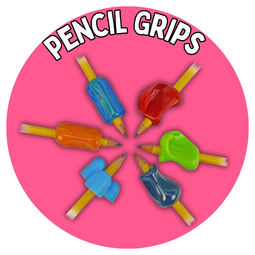 pink circle reading pencil grips in white text image of pencil grips in circle