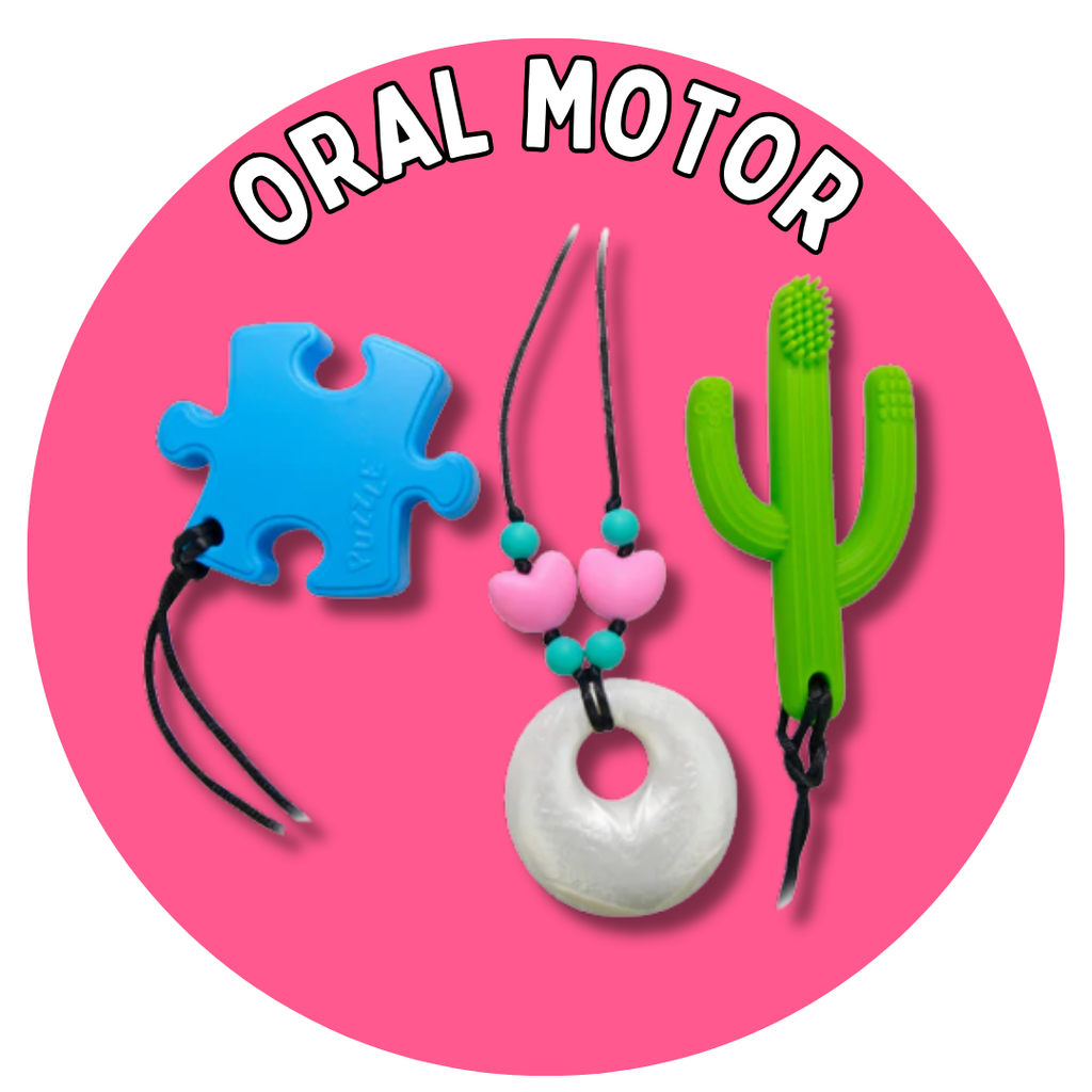 light pink circle with oral motor in white text and 3 oral motor devices