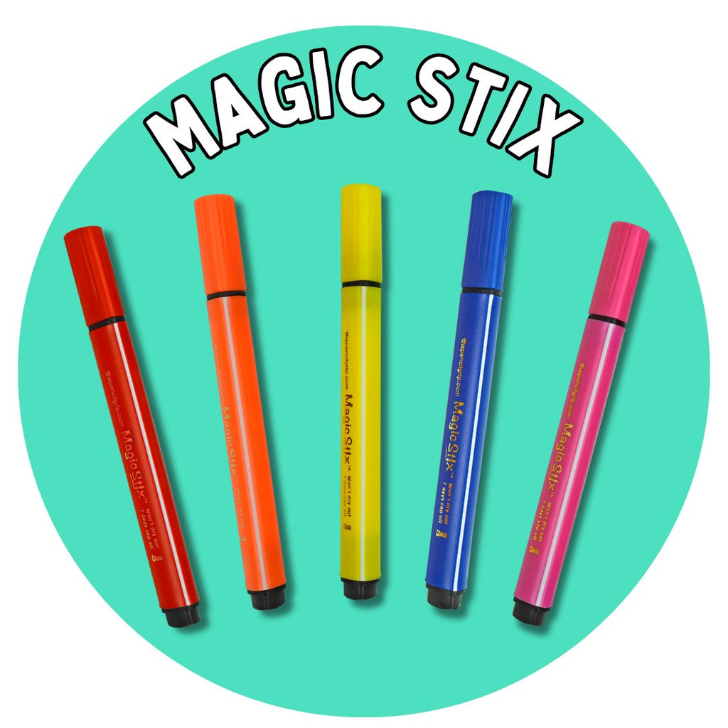 teal circle reading magic stix white text with 5 magic stix markers in image