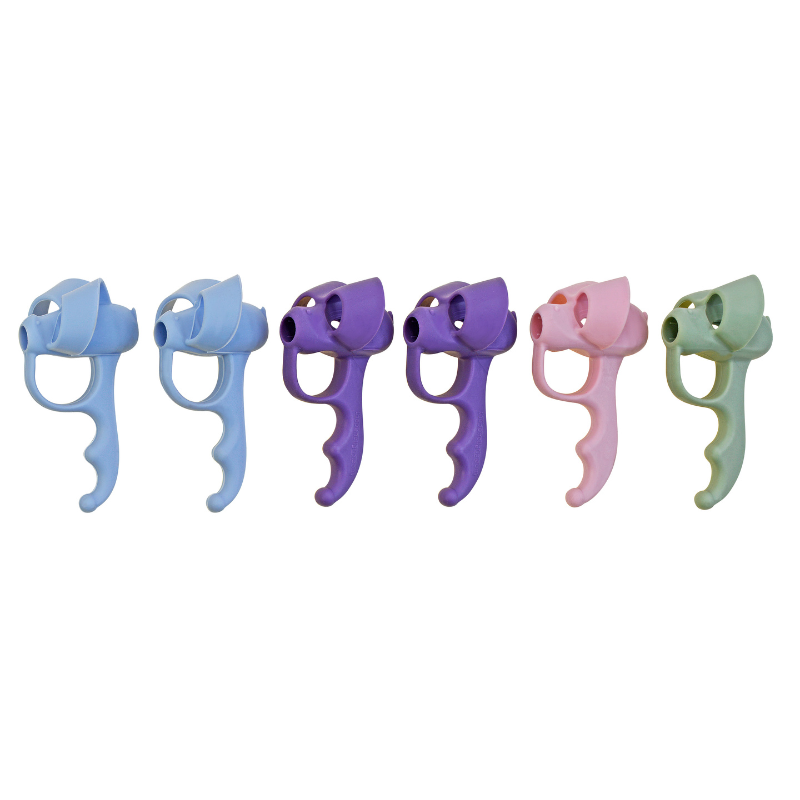 all colors of five finger grip lined up; blue, purple, and pink, and green