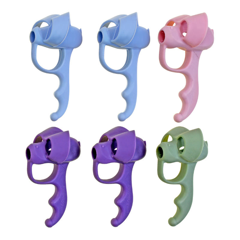all colors of five finger grip shown; blue, pink, purple, and green
