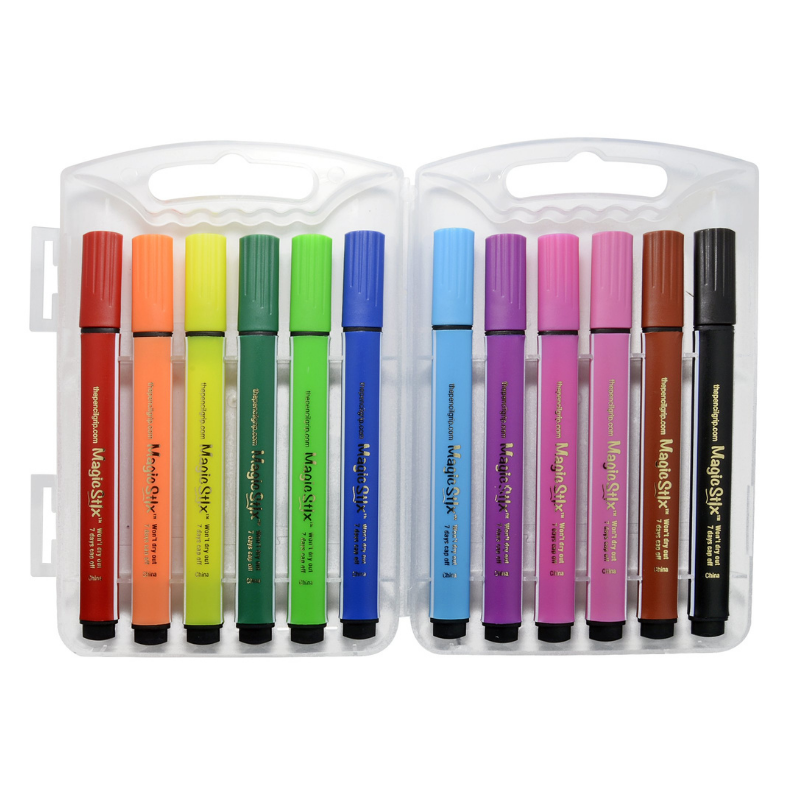Magic Stix 12 Pack Washable Markers No Dry Out Travel Case 