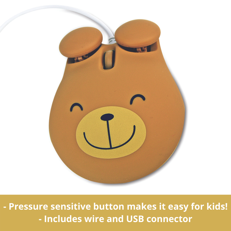 bear shaped computer mouse, text reads: pressure sensitive button makes it easy for kids! includes wire and USB connector