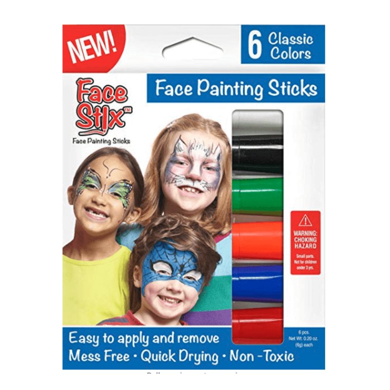 Face Paint Stix, Set of 6 Classic Colors; white, black, green, orange, blue, red Quick Drying, Mess Free, Easy to Apply and Remove, Non Toxic