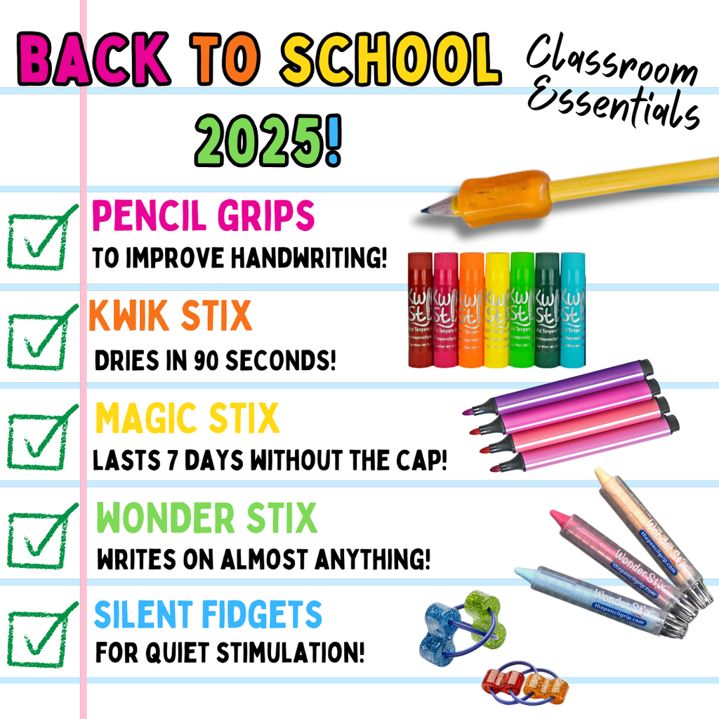 Colorful checklist of TPG classroom must-haves including grips, Kwik Stix, and sensory tools.