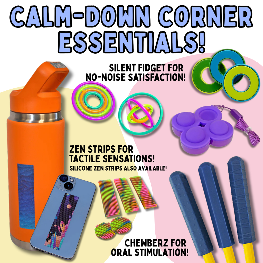 Sensory-friendly essentials including Zen Strips, Chewberz, and silent fidgets on colorful backgrounds.