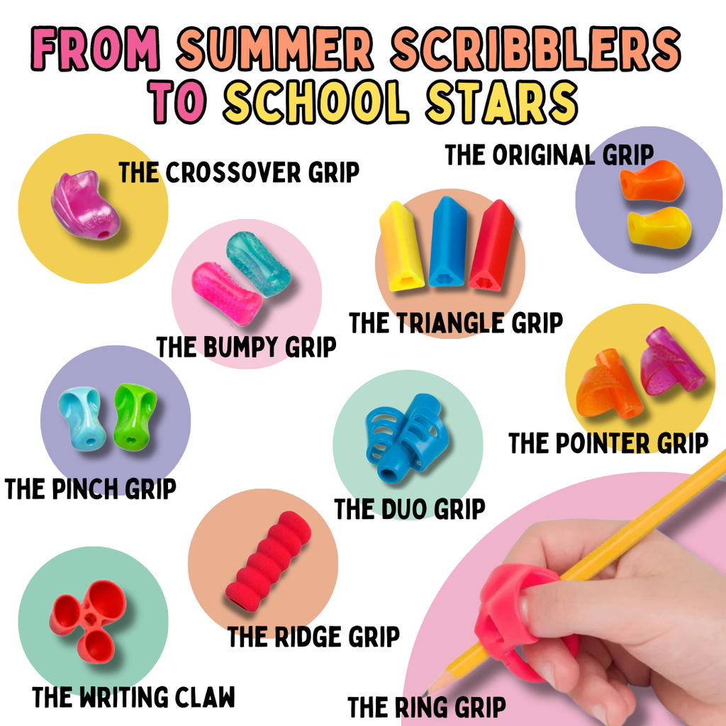 Assorted TPG pencil grips labeled by style to support handwriting development for all ages.