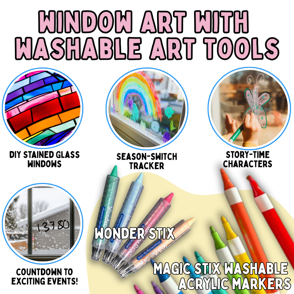 Window art using Wonder Stix and Magic Stix shown through colorful seasonal activity examples.