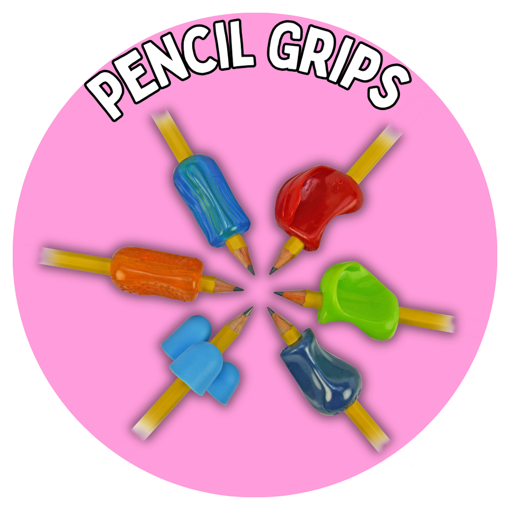 pink circle reading pencil grips in white text image of pencil grips in circle