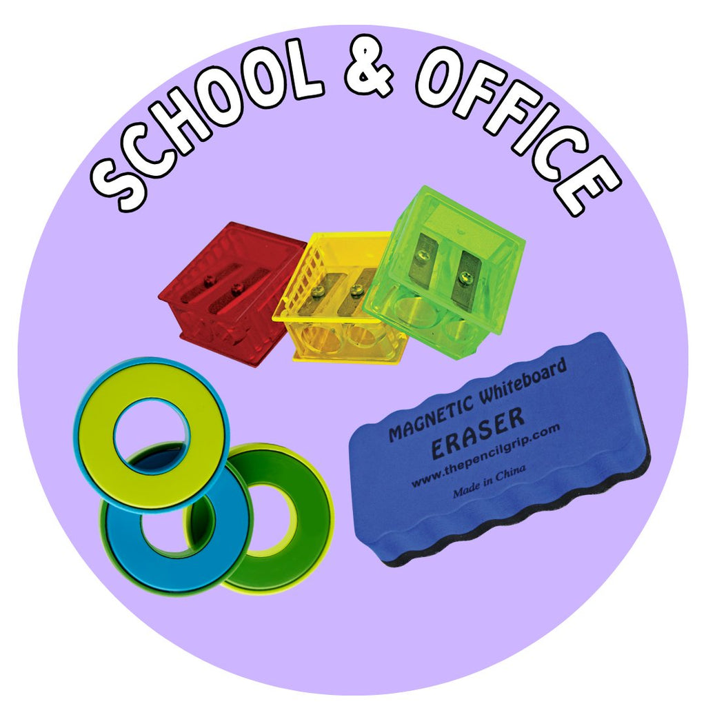 purple circle with school and office in white text
