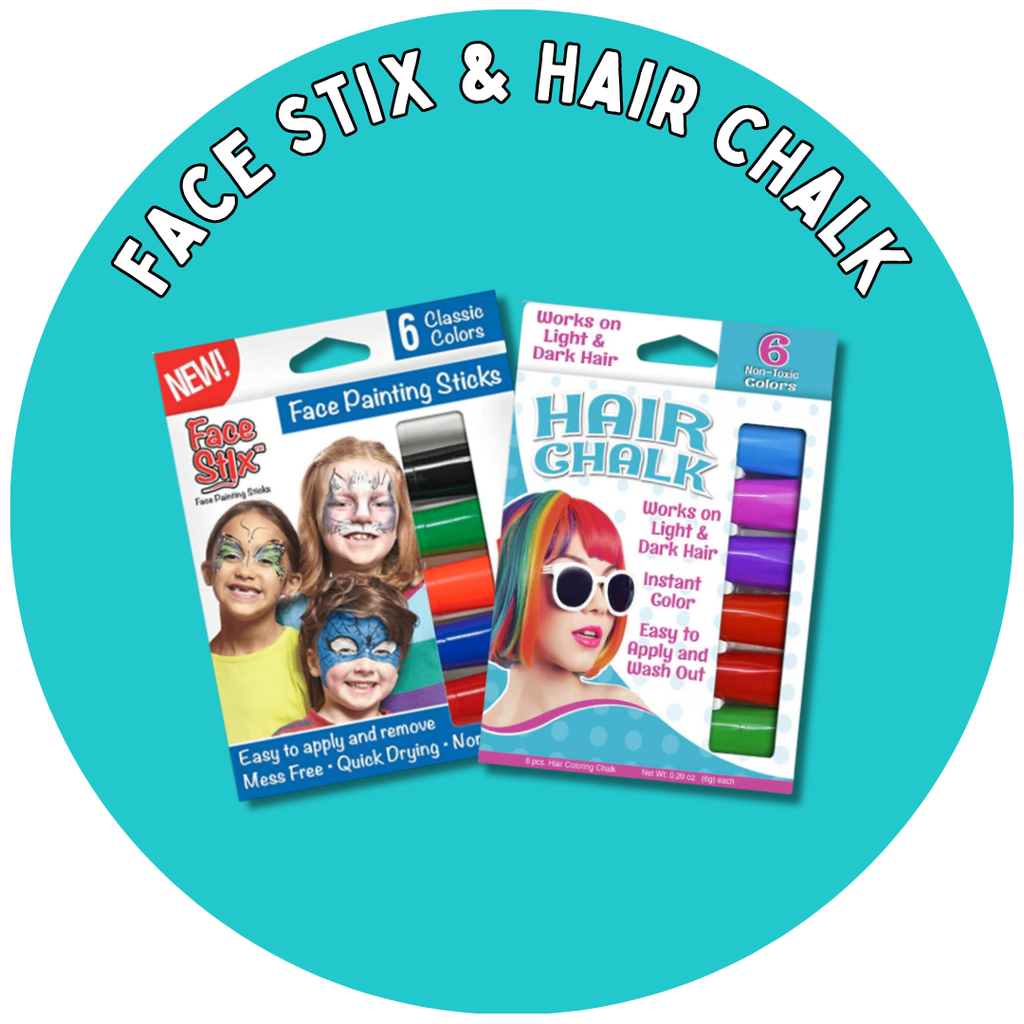 pink circle with face stix and hair chalk in white text