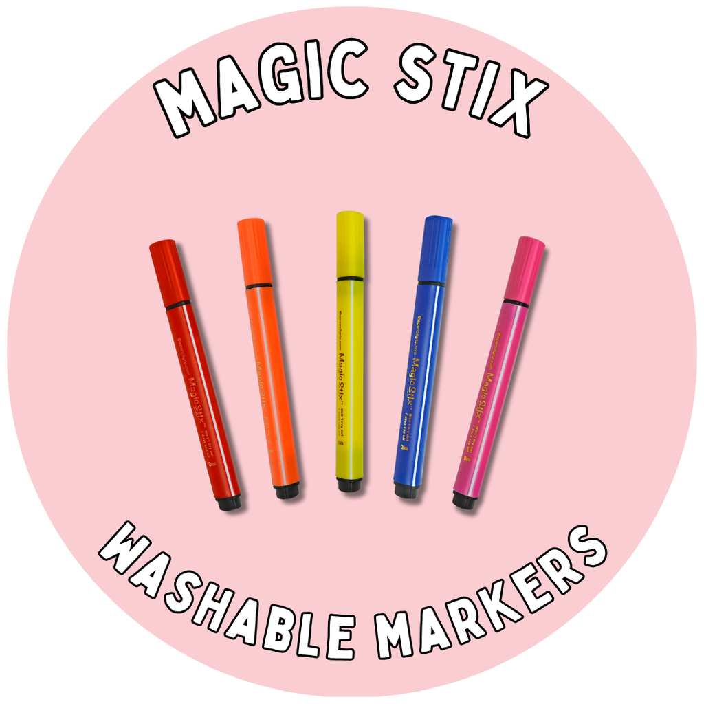 teal circle reading magic stix white text with 5 magic stix markers in image