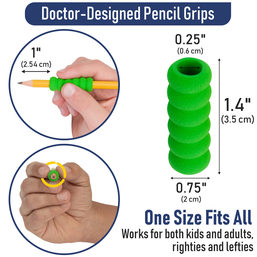 Green pencil grip with measurements and usage examples on a white background