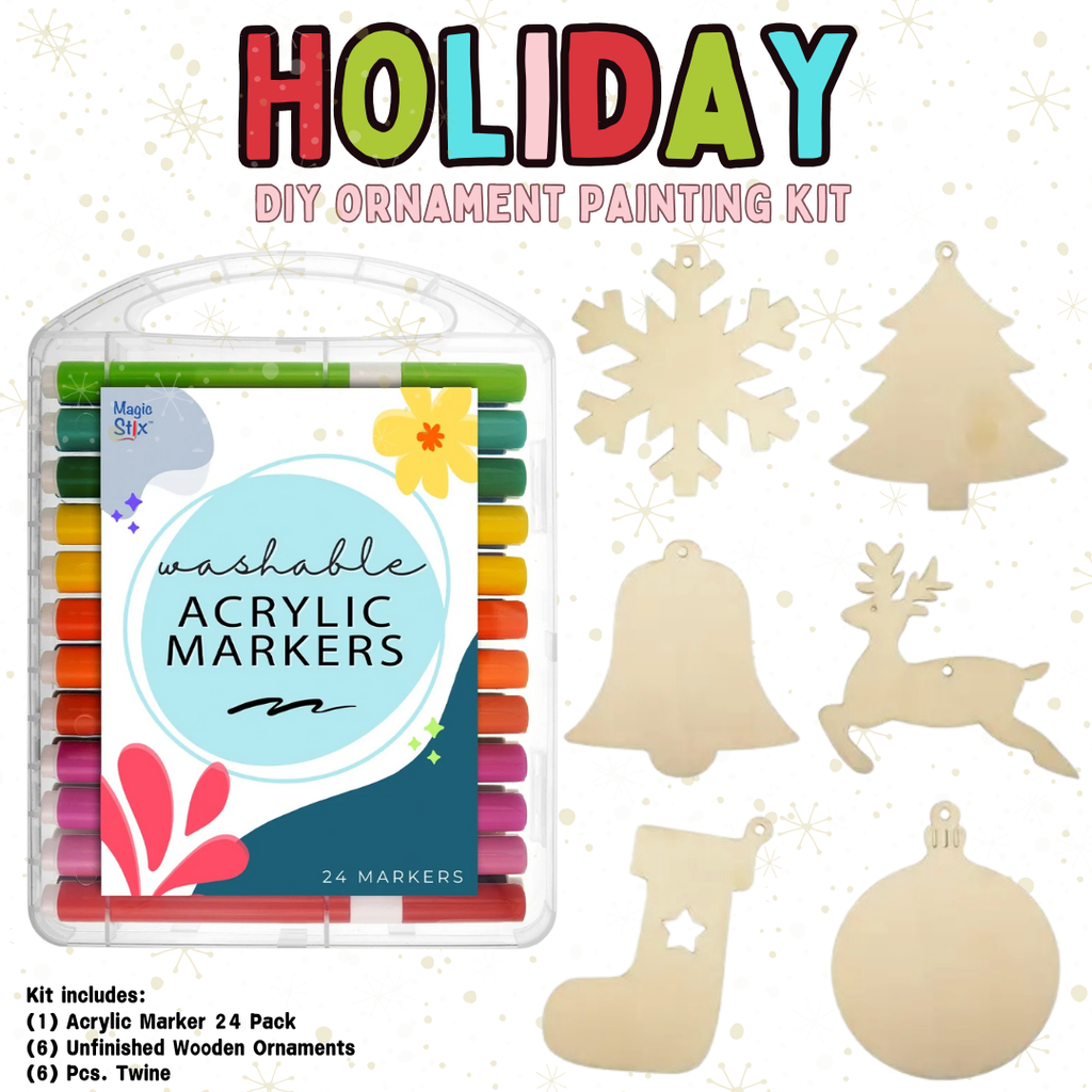 Holiday DIY ornament painting kit with markers and wooden ornaments on a white background
