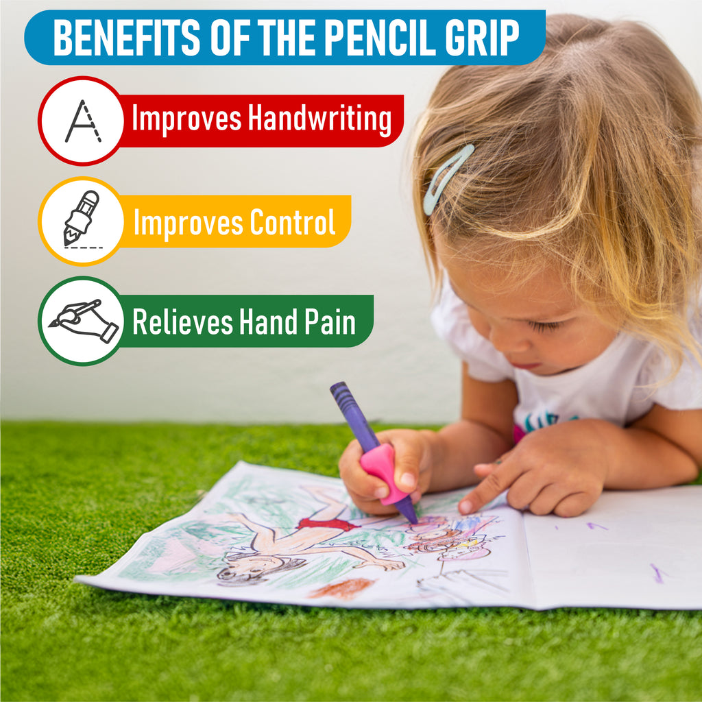 Child coloring with a pencil grip on grass, benefits listed above.