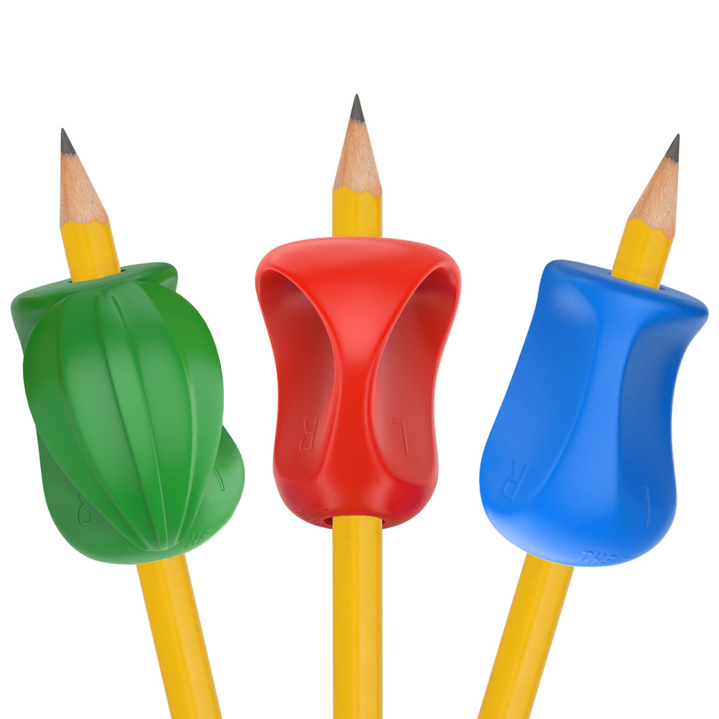Three colored pencil holders (green, red, blue) attached to yellow pencils on a white background.