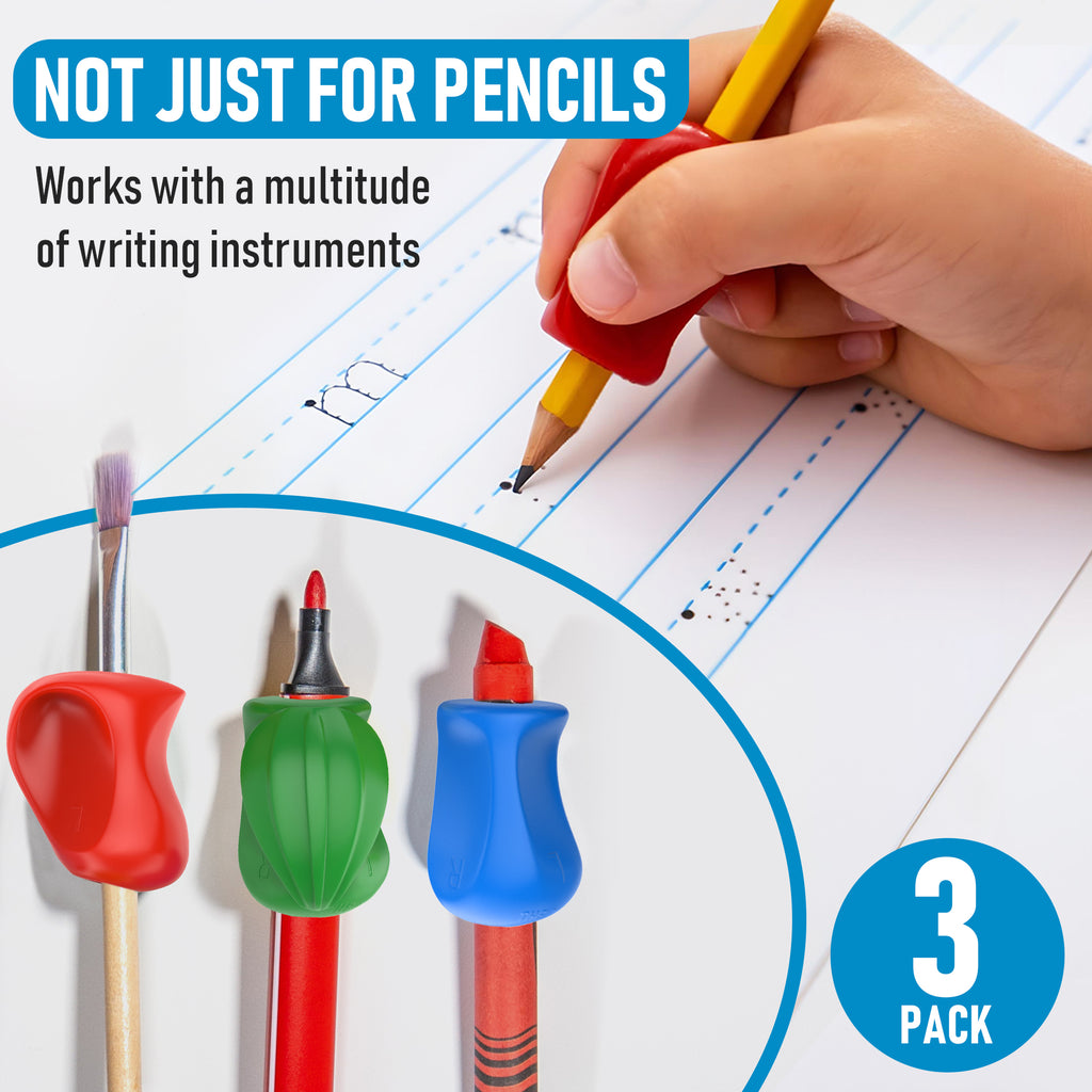 Hand holding a pencil with a red grip, surrounded by other writing instruments with colored grips on a lined paper background.