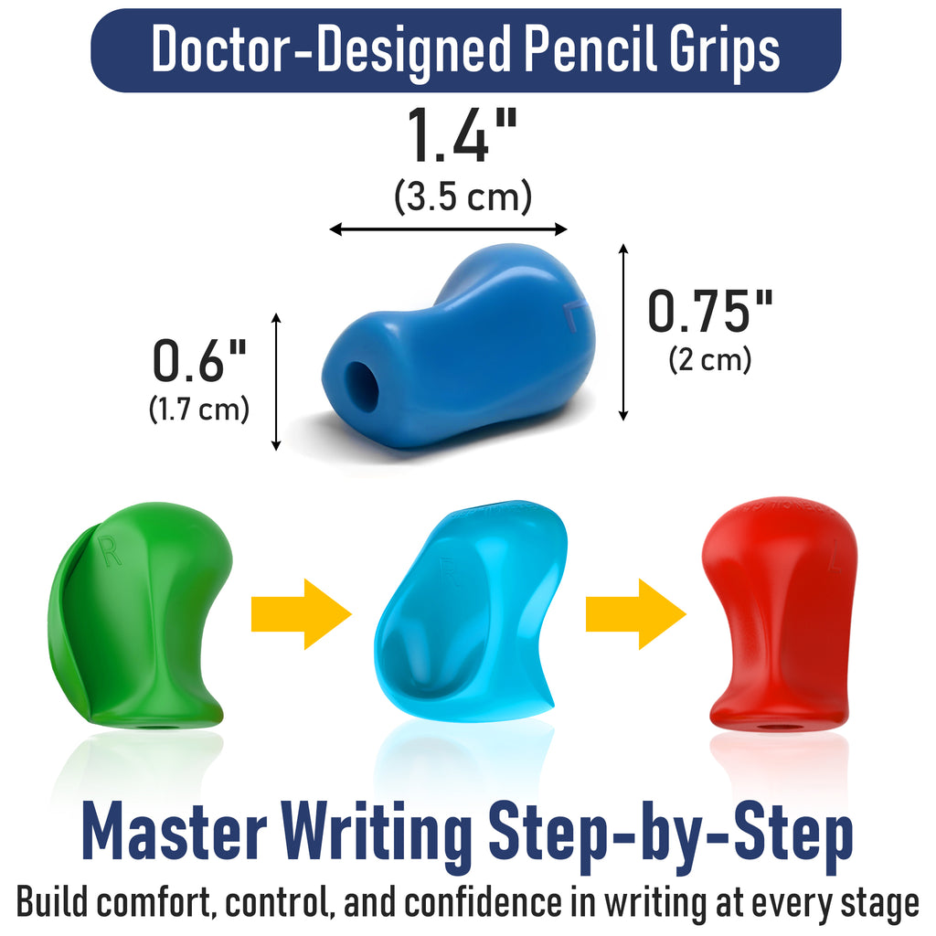Doctor-Designed Pencil Grips with measurements and color options on a white background