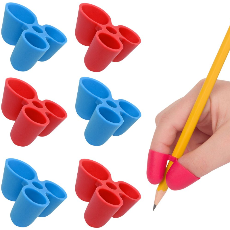 Set of red and blue bow-shaped pencil grips with a hand holding a yellow pencil.