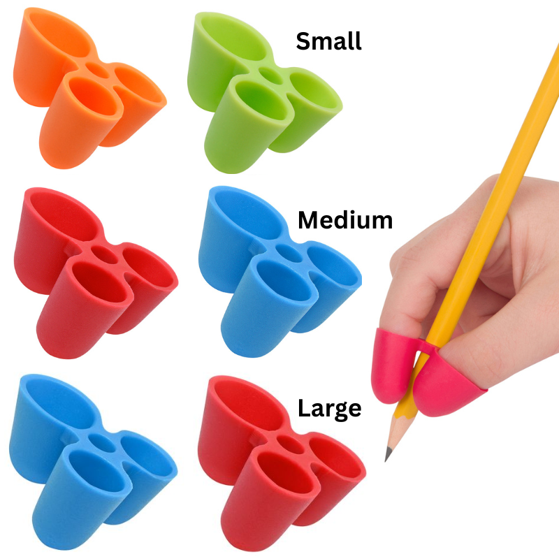 Colorful pencil grip trainer sets with a hand holding a pencil.