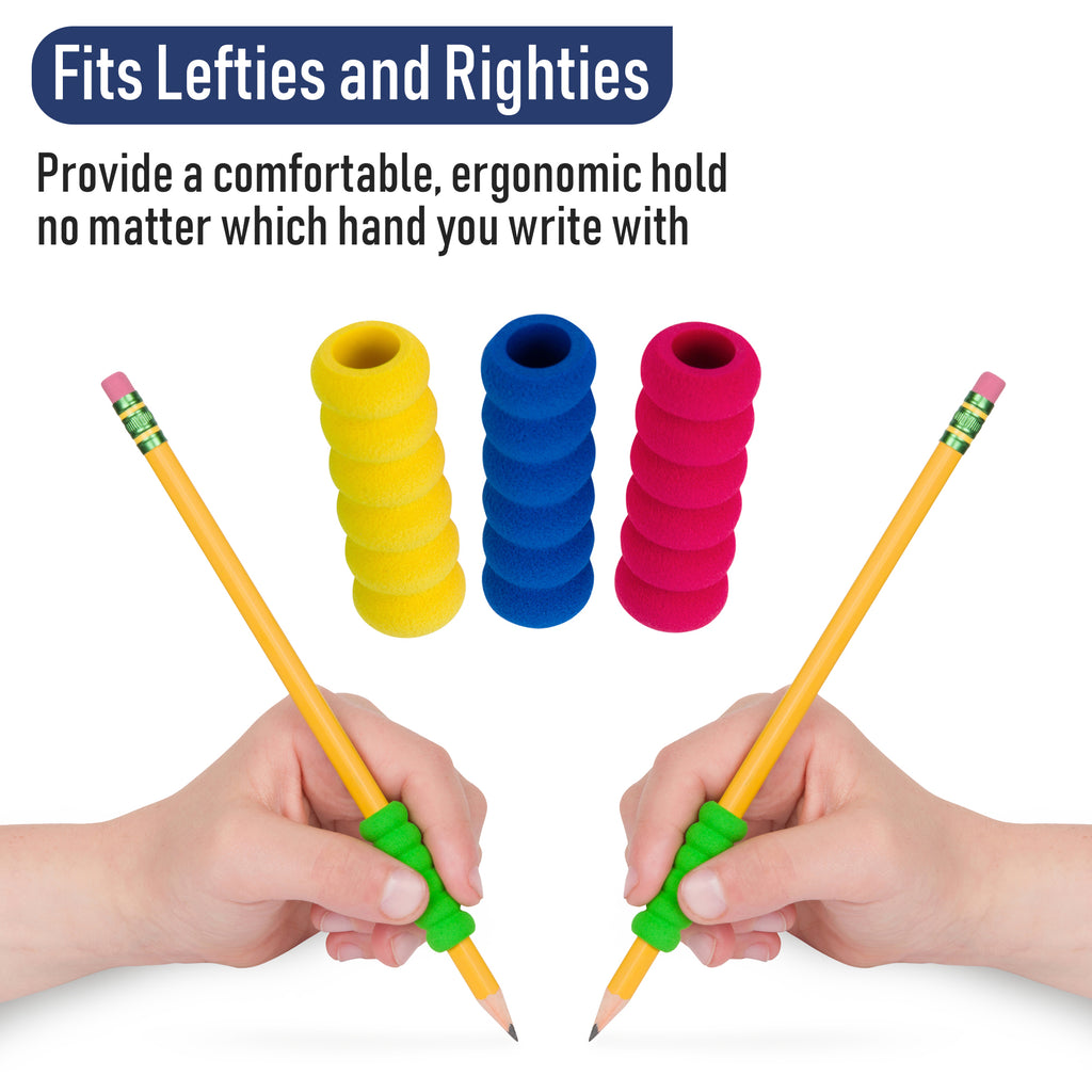 Colorful pencil grips on pencils with text indicating they fit lefties and righties.