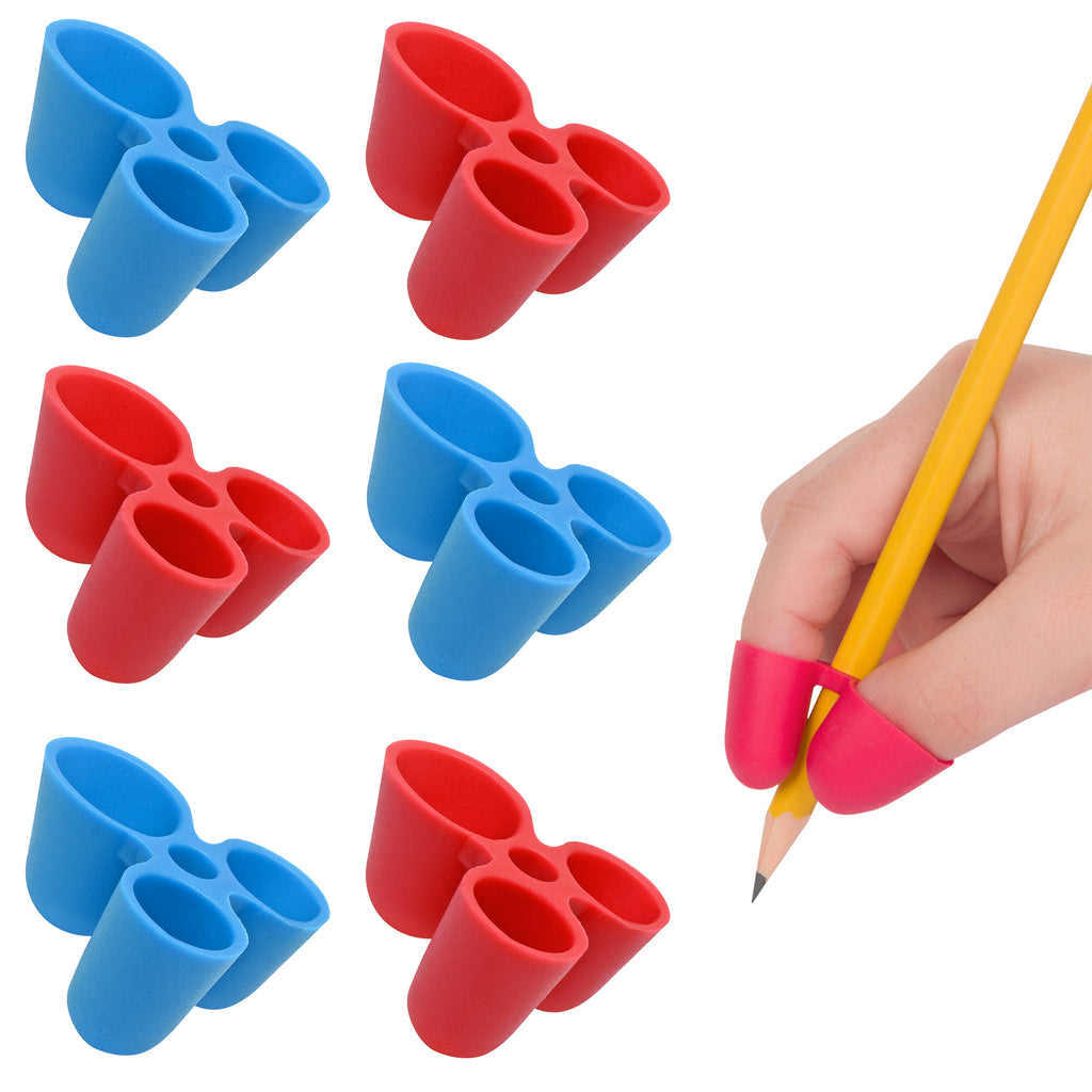 Colorful pencil grips on a white background with a hand holding a pencil.