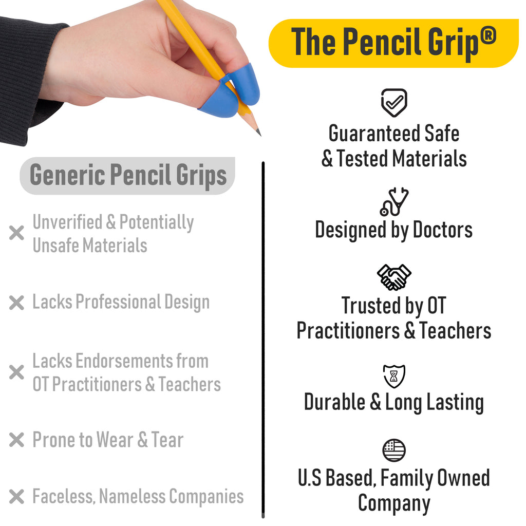 Hand holding a pencil with 'The Pencil Grip' branding and product features listed.