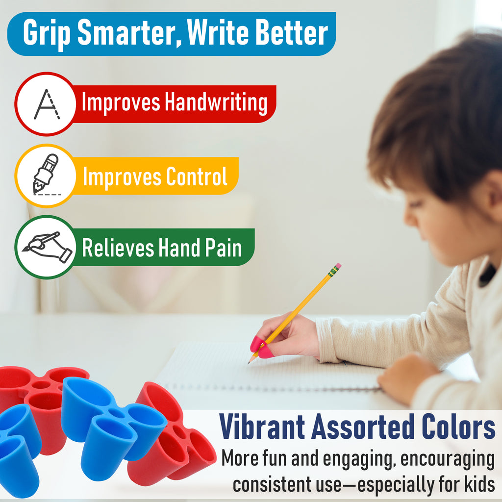 Child writing with a pencil, surrounded by colorful writing aids, on a light background.