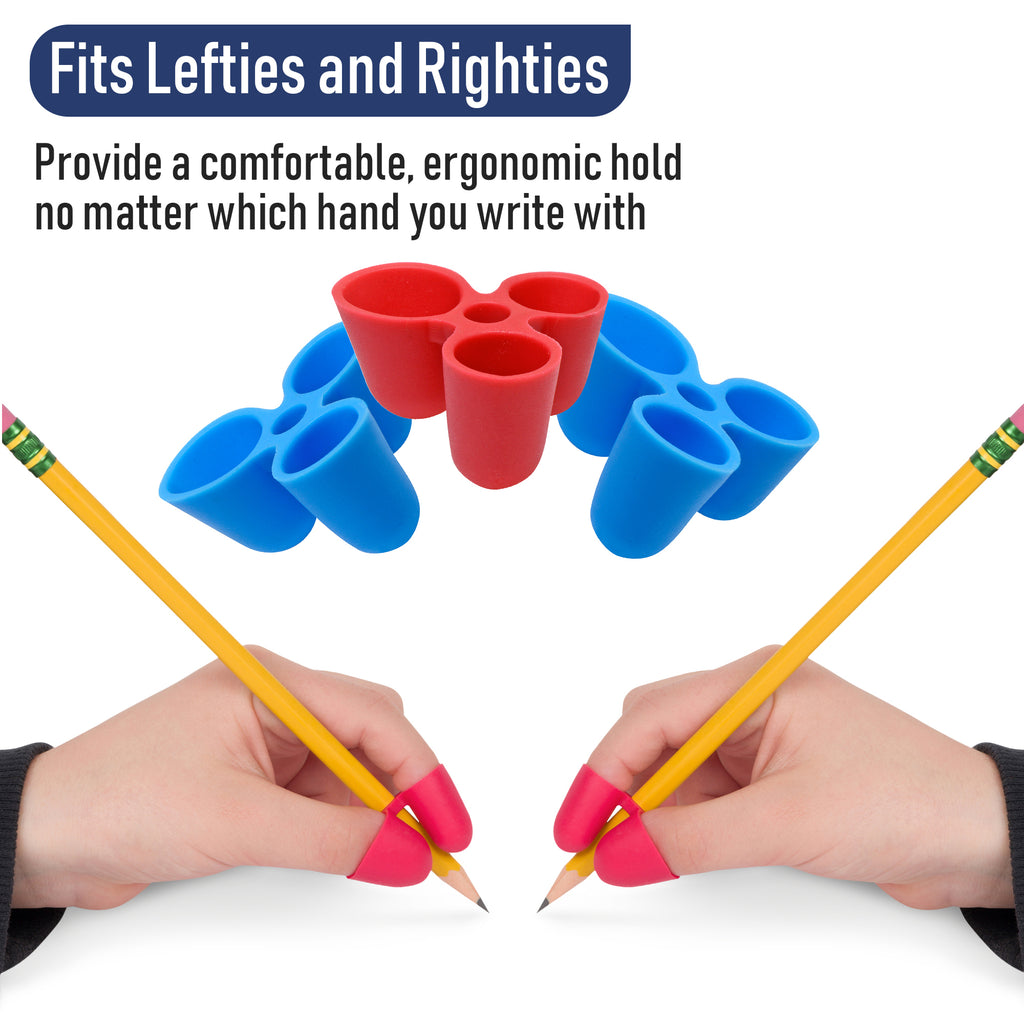 Ergonomic pencil grips in red and blue with hands holding pencils on a white background.