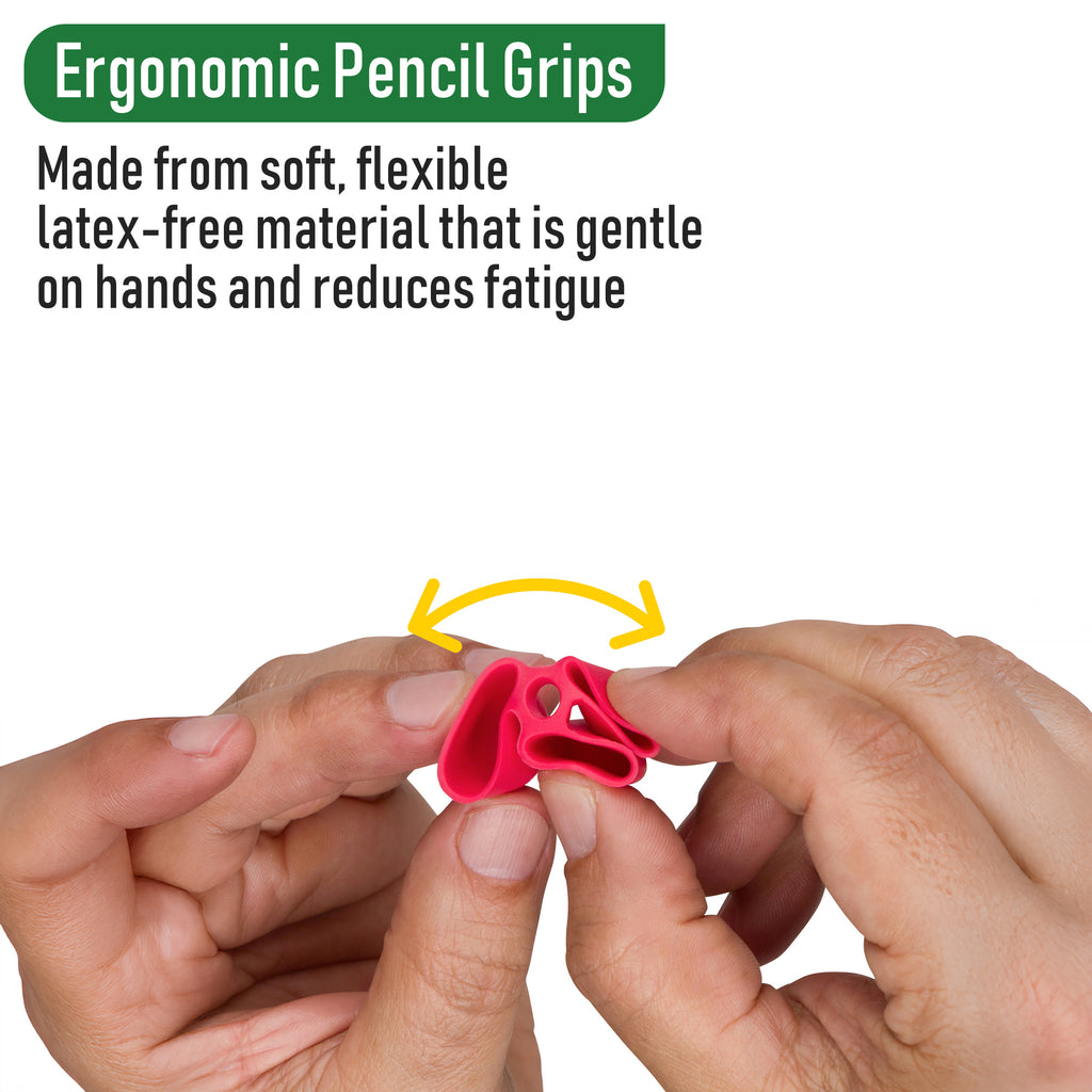 Ergonomic pencil grip being held between fingers with text about its material and benefits.