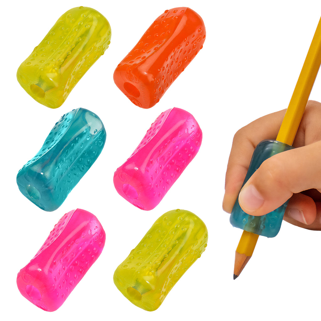 Colorful pencil sharpeners on a white background with a hand holding a pencil.