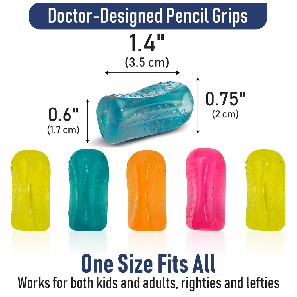 Colorful pencil grips with measurements and text about their design and usage.