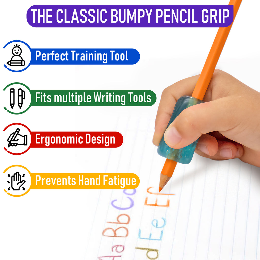 Hand holding a pencil with a blue bumpy grip, writing on lined paper, against a white background.