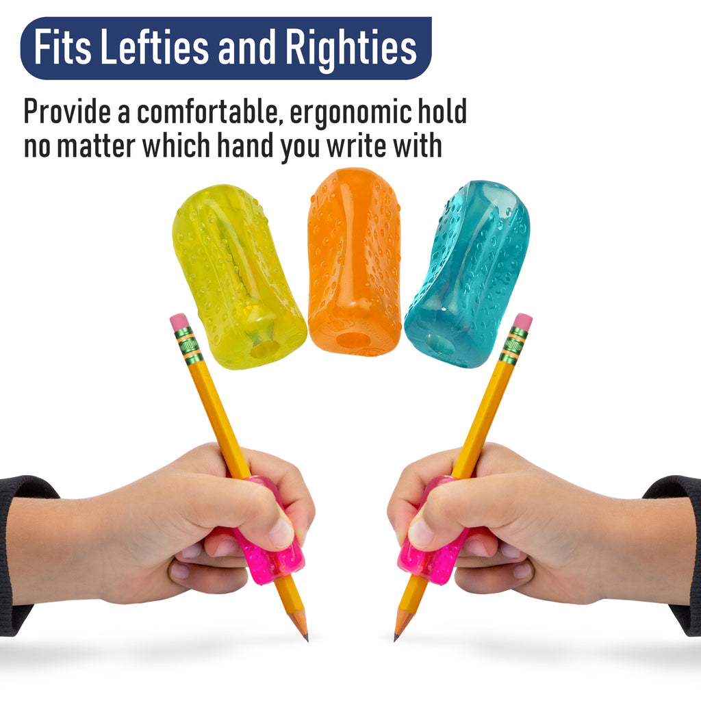 Colorful pencil grips being used by two hands to write, with text indicating they fit lefties and righties.