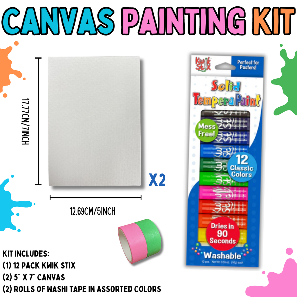 Canvas painting kit including images of canvas, Kwik Stix packaging, and two rolls of washi tape