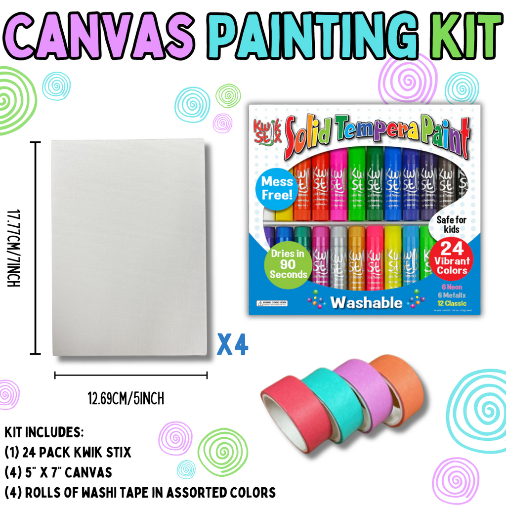 Image of painting kit including canvas, Kwik Stix, and rolls of washi tape