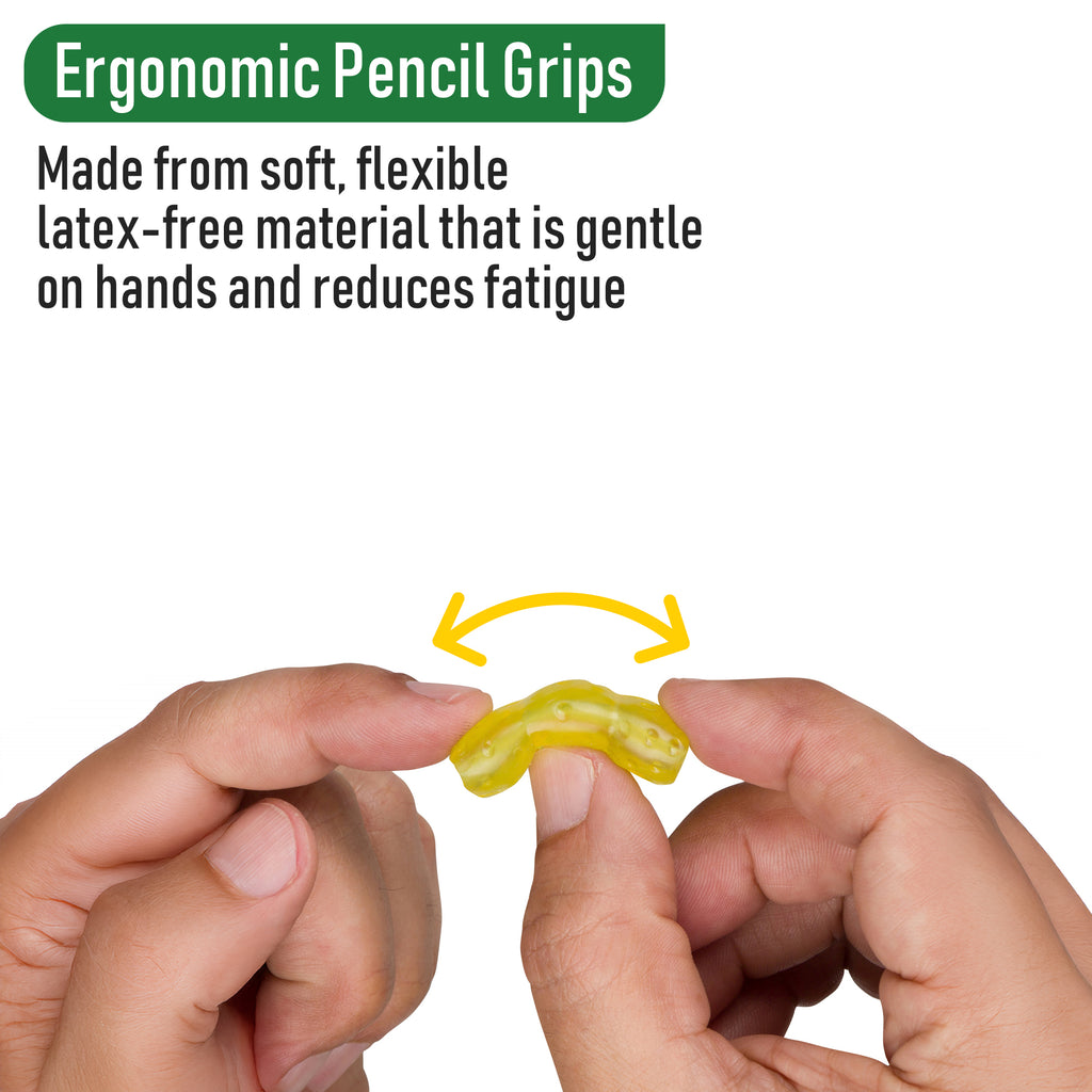 Ergonomic pencil grip being held by hands with text about its material and benefits.
