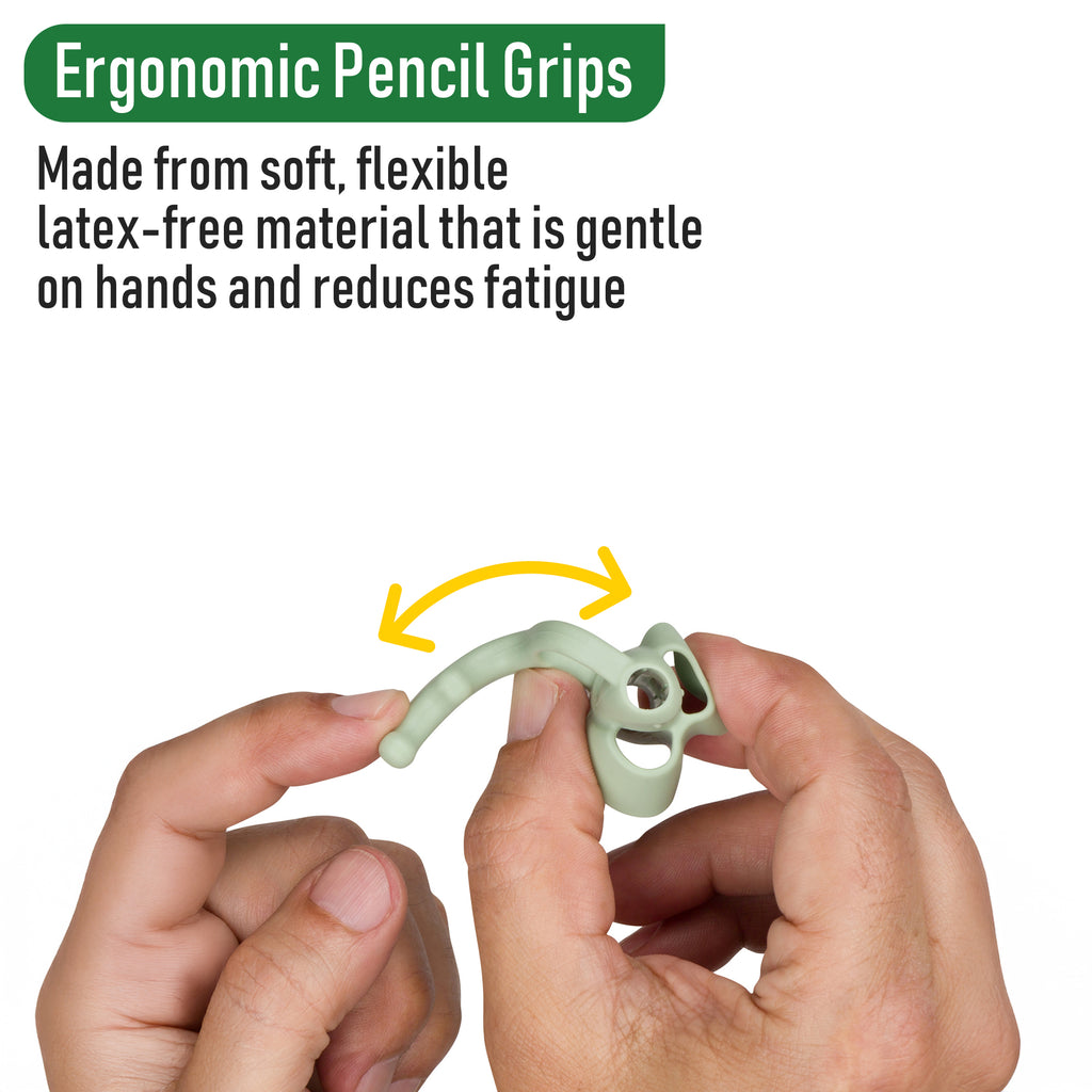 Ergonomic pencil grip being held by hands with text about its material and benefits.