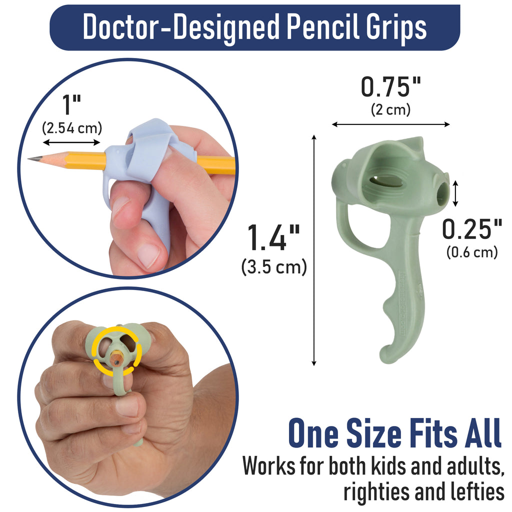 5 finger Pencil grips with measurements and usage examples on a white background