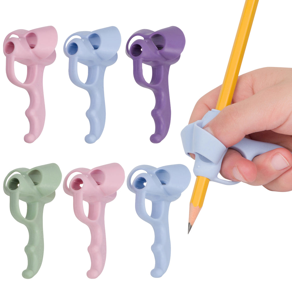 Set of colorful 5 finger pencil grips with a hand holding a pencil.