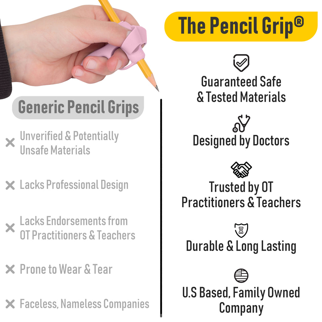 Hand holding a pencil with a pink grip, comparing 'The Pencil Grip' to generic pencil grips.