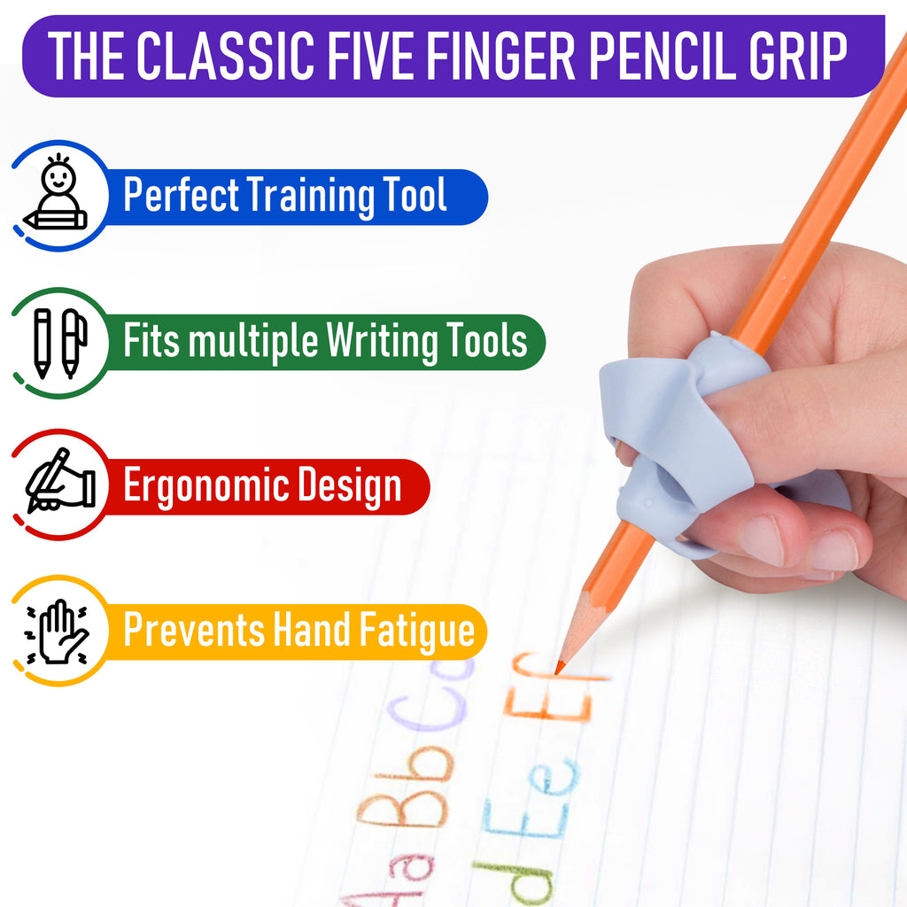 Five finger pencil grip with text highlighting its features on a white background