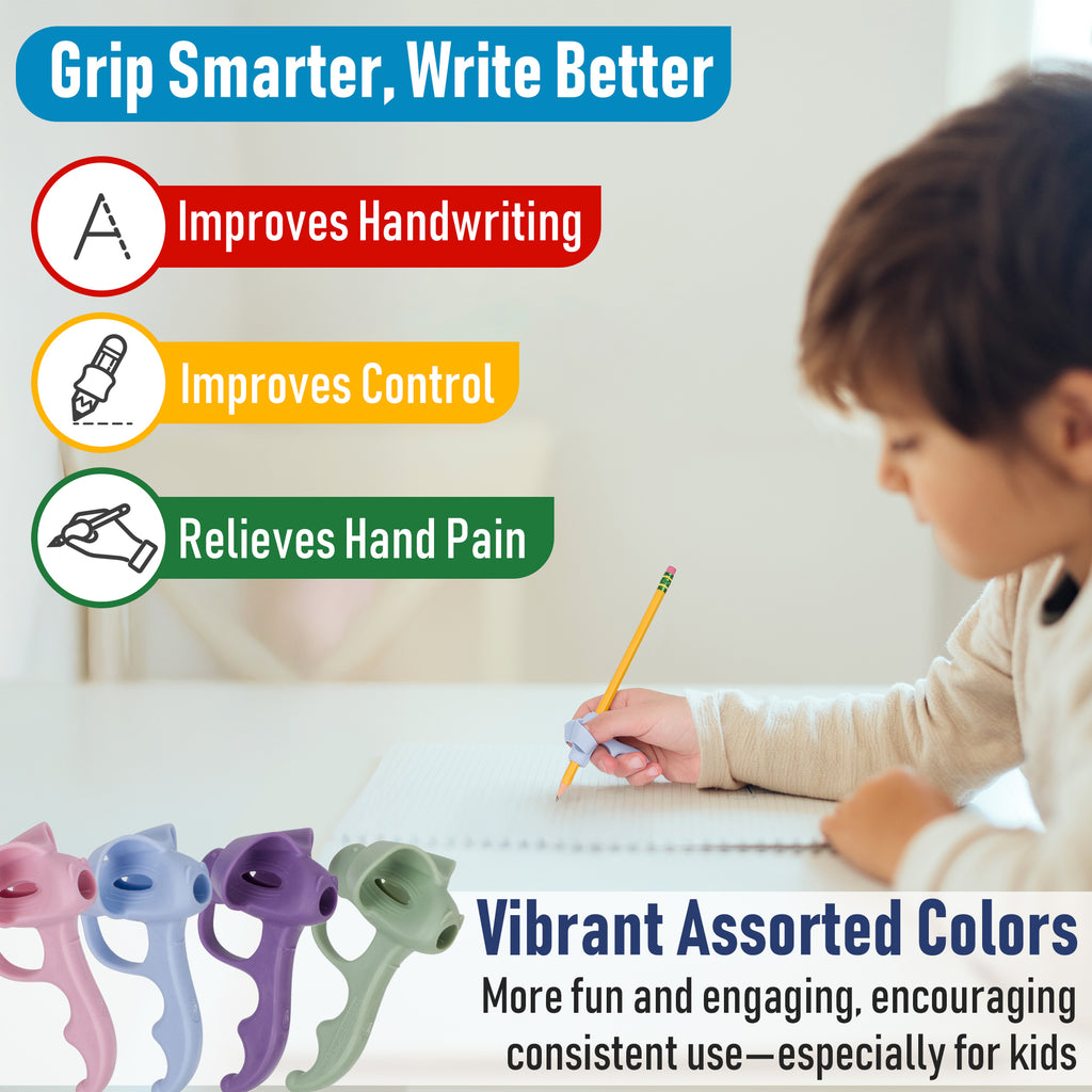 Child writing with a pencil, surrounded by colorful writing grips, on a light background.