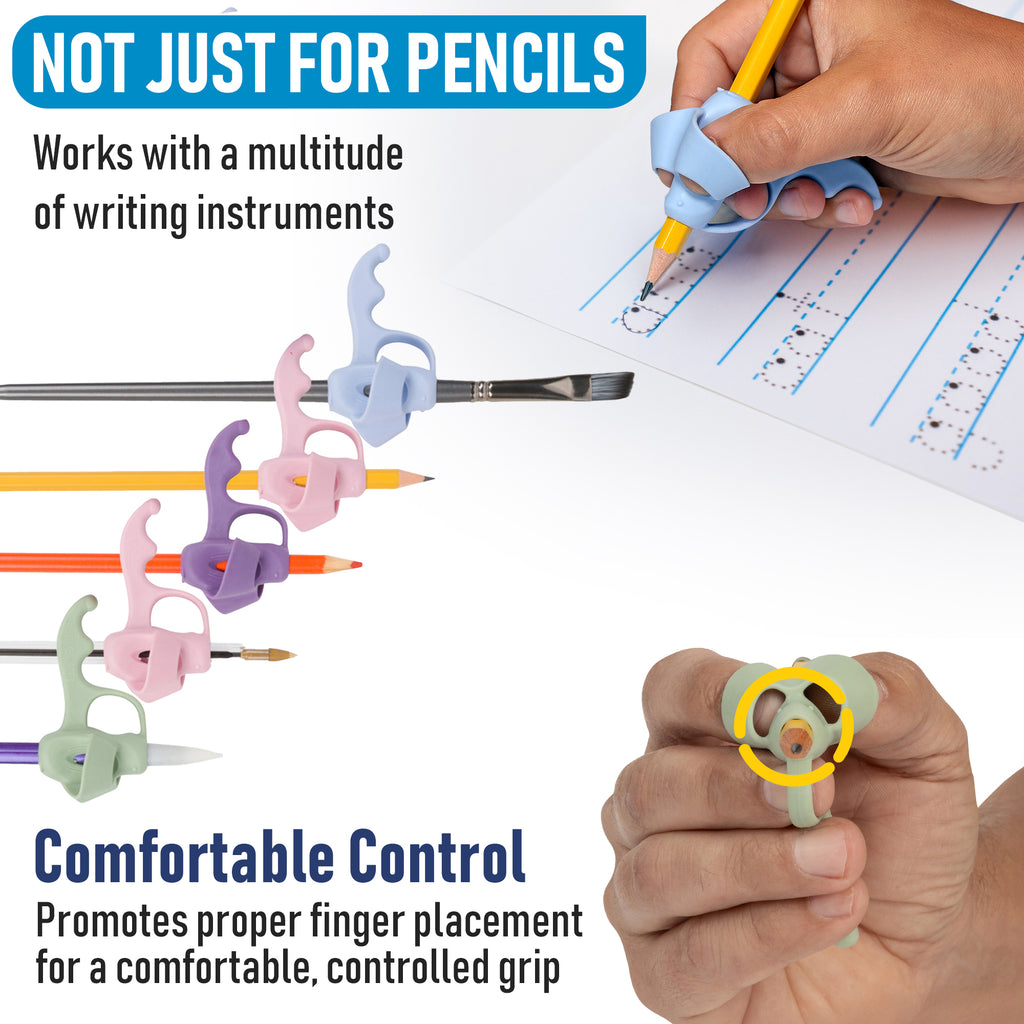 Pencil grips in various colors with text about their use with writing instruments and benefits.