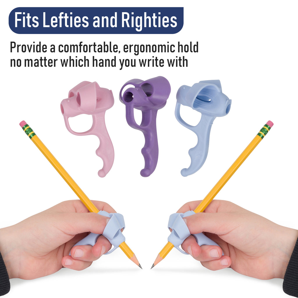 Three colorful pencil grips on pencils with text indicating they fit lefties and righties.