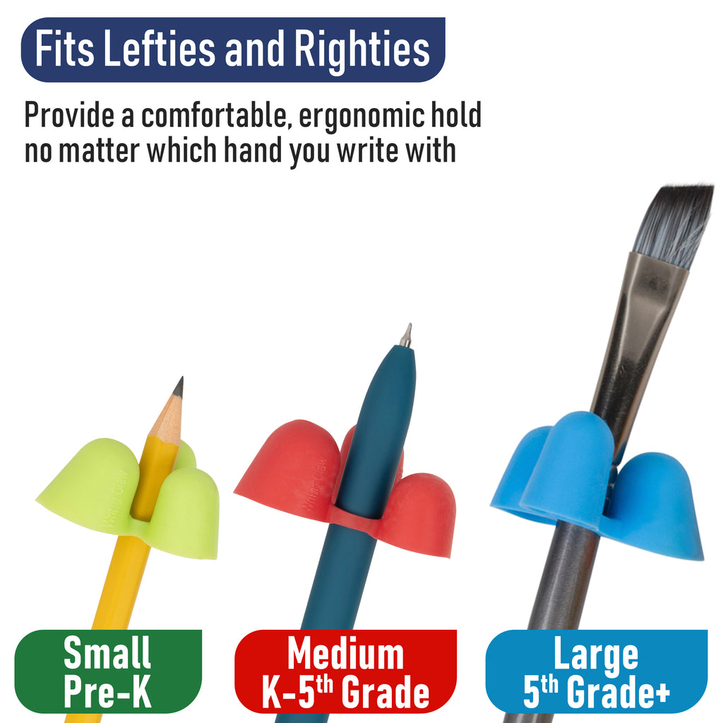 Ergonomic writing tools for lefties and righties with size labels on a white background.
