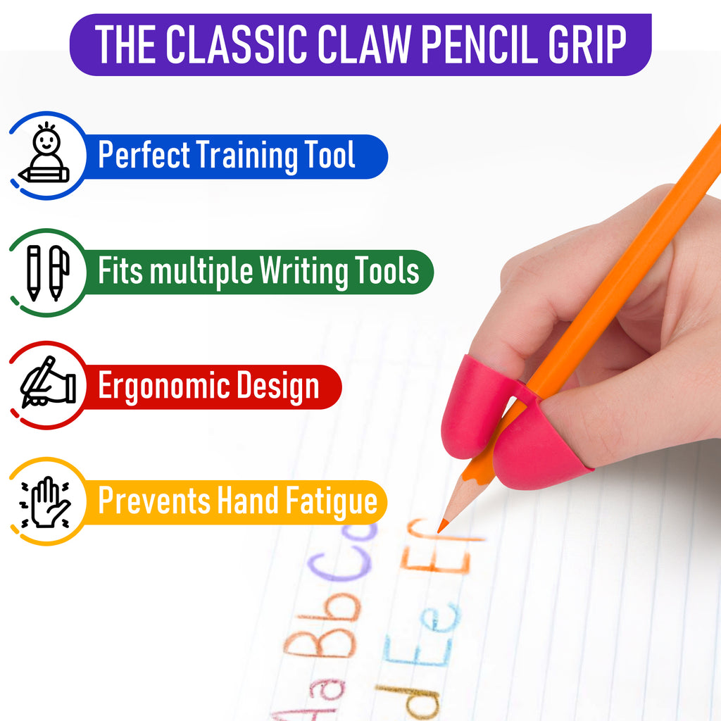 Handwriting aid with pink claw grip holding an orange pencil, text highlighting features on a white background.