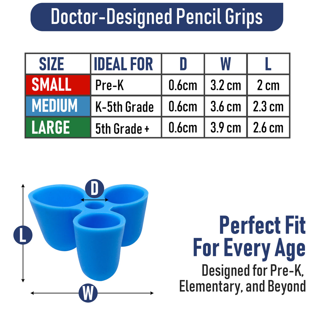 Chart showing dimensions of blue pencil grips for different sizes with text indicating 'Doctor-Designed Pencil Grips'.