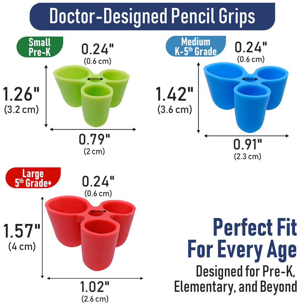 Comparison chart of green, blue, and red pencil grips with measurements and text 'Perfect Fit For Every Age'.