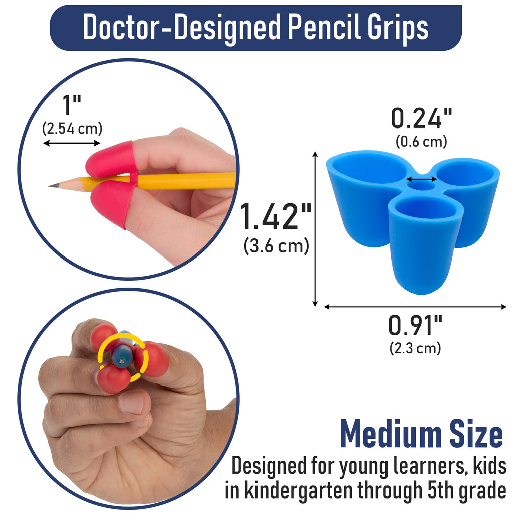 Pencil grips with measurements and usage examples on a white background